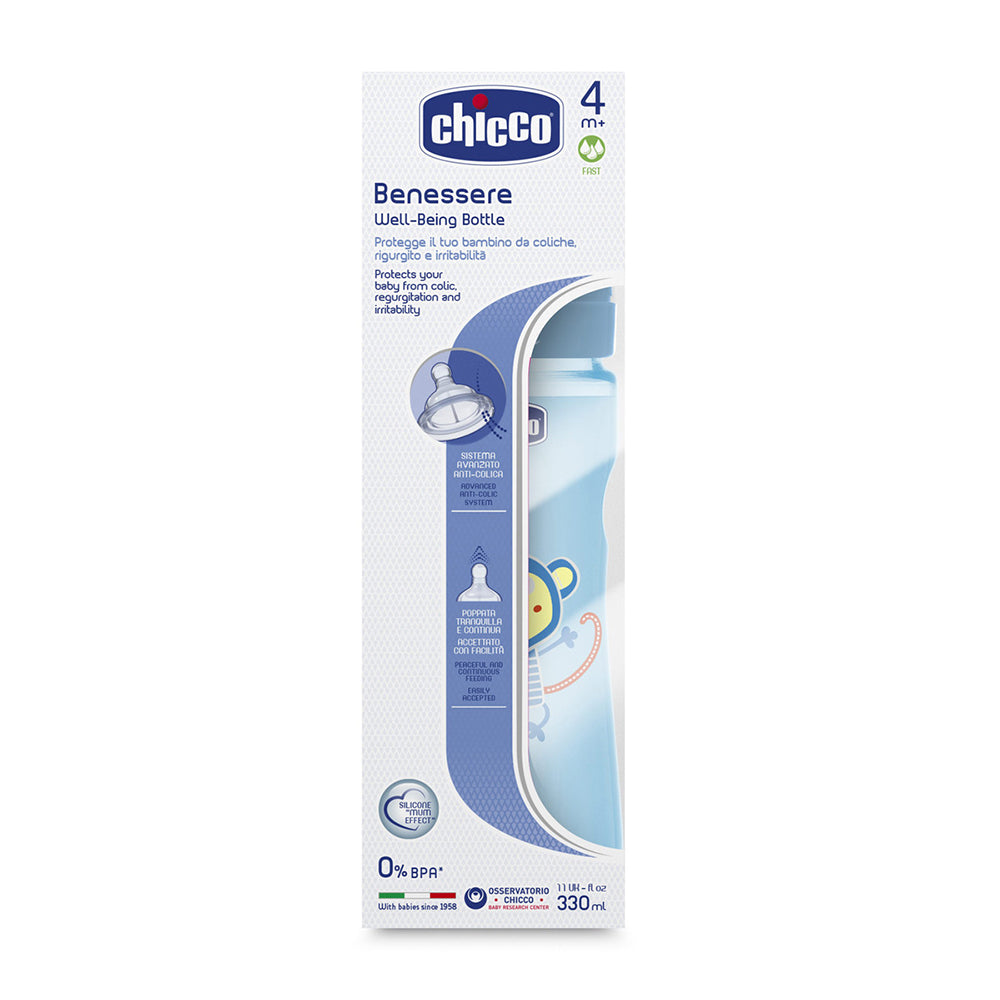 בקבוק צ'יקו וולביאינג אפור 330 מ"ל 4M+ | Chicco Well Being Feeding Bottle 330 ml