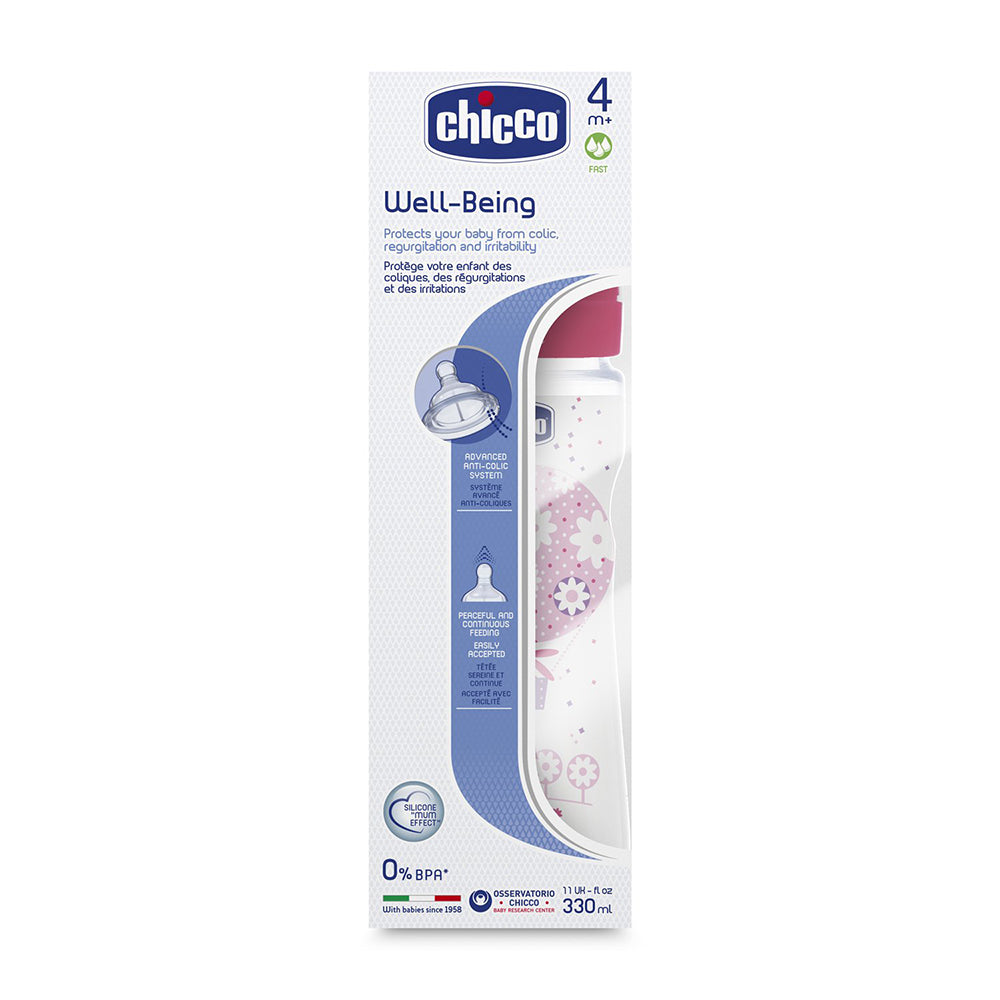 בקבוק צ'יקו וולביאינג אפור 330 מ"ל 4M+ | Chicco Well Being Feeding Bottle 330 ml