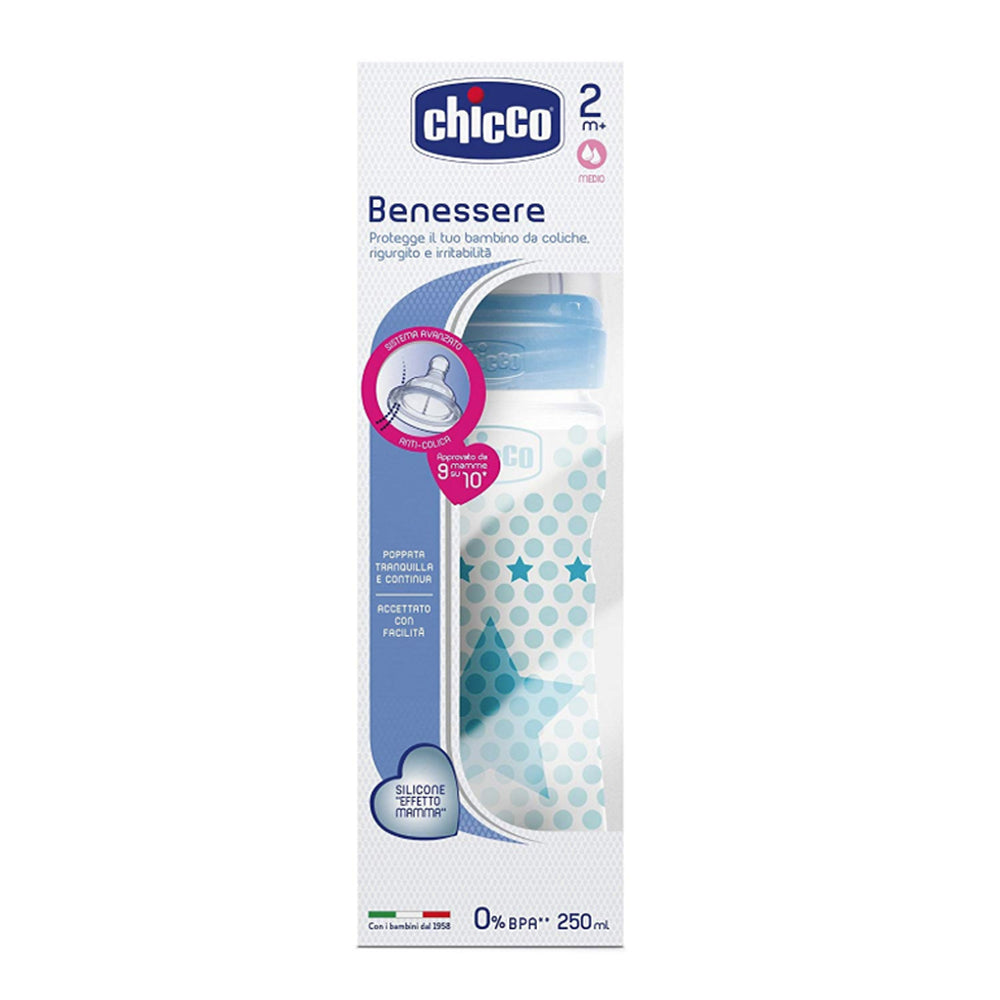 בקבוק צ'יקו וולביאינג כחול 250 מ"ל 2M+ | Chicco Well Being Feeding Bottle 250 ml