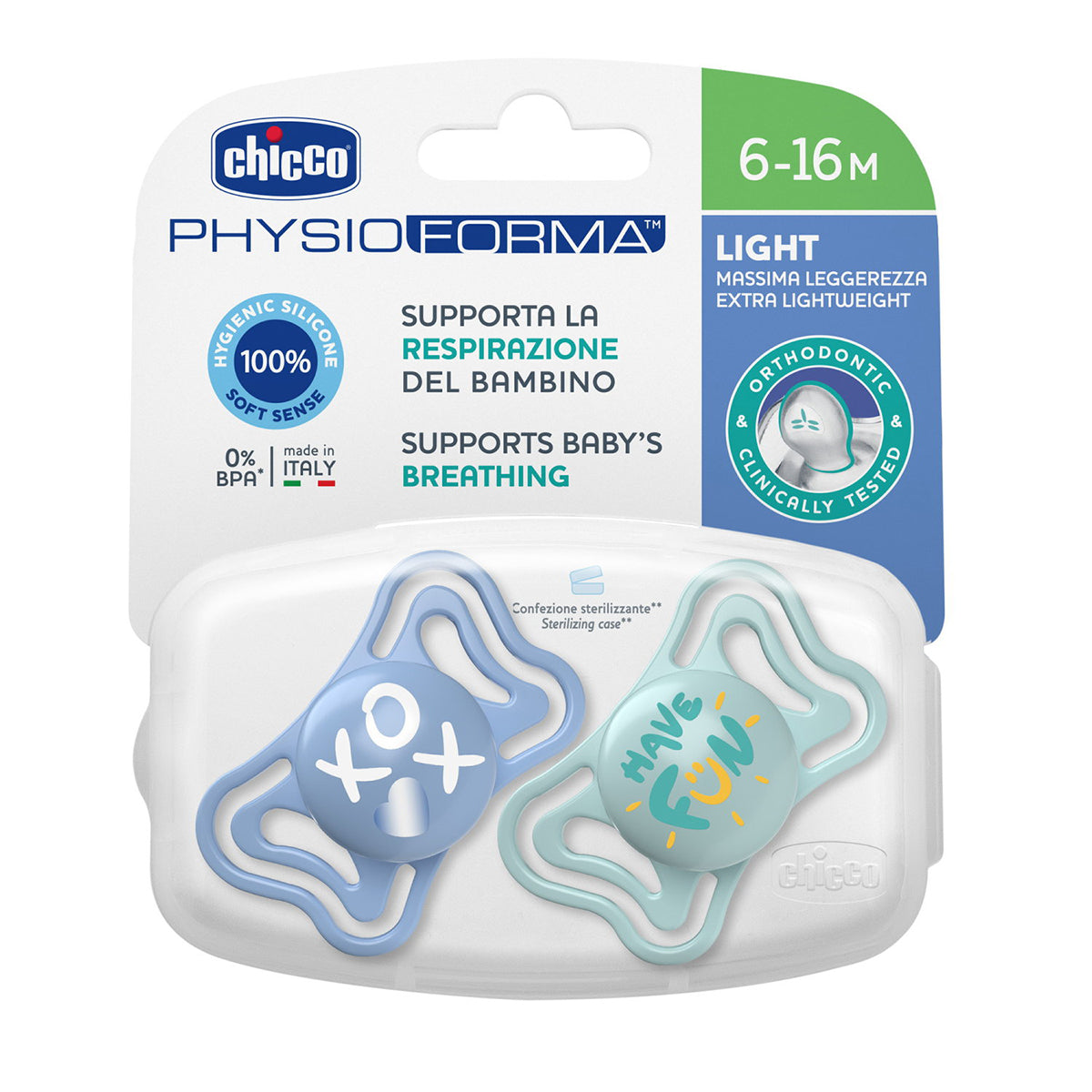 זוג מוצצי סיליקון 6-16 צ'יקו פיזיו לייט כחול | Chicco Physio Light Blue