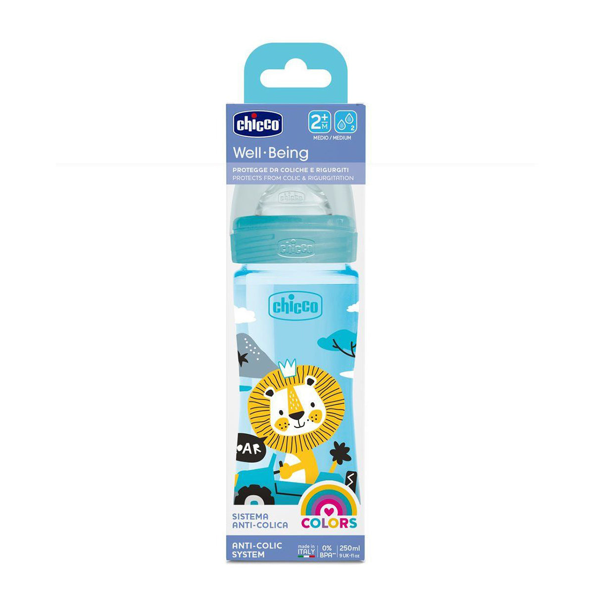 בקבוק צ'יקו וולביאינג כחול 250 מ"ל 2M+ | Chicco Well Being Feeding Bottle 250 ml