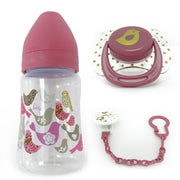 סט בקבוק + מוצץ + מחזיק מוצץ ורוד טוויגי | Twigy Feeding Bottle + Soother + Soother Clip Set Pink