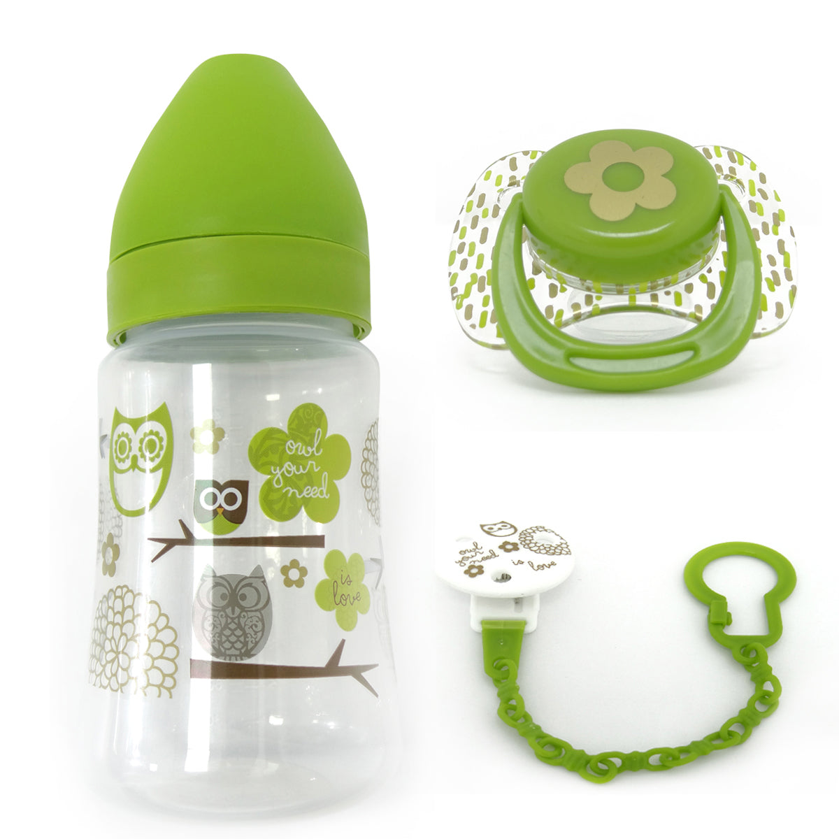 סט בקבוק + מוצץ + מחזיק מוצץ ירוק טוויגי | Twigy  Feeding Bottle + Soother + Soother Clip Set Green