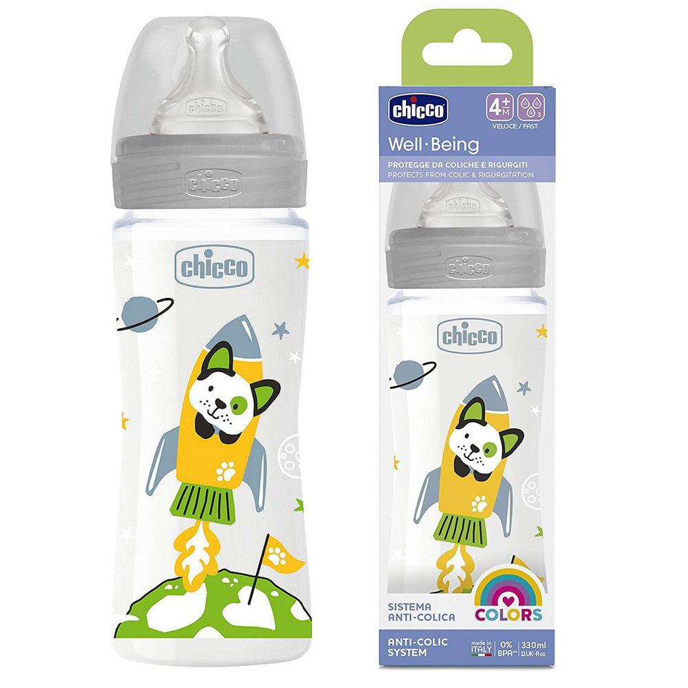 בקבוק צ'יקו וולביאינג אפור 330 מ"ל 4M+ | Chicco Well Being Feeding Bottle 330 ml