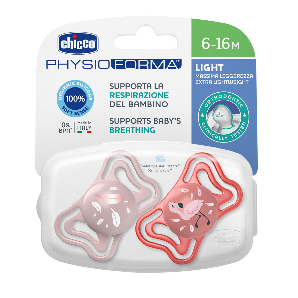 זוג מוצצי סיליקון 6-16 צ'יקו פיזיו לייט ורוד | Chicco Physio Light Pink
