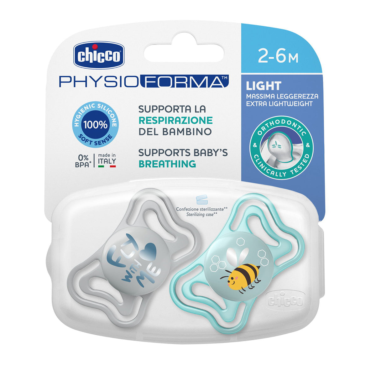זוג מוצצי סיליקון 2-6 צ'יקו פיזיו לייט כחול | Chicco Physio Light Blue