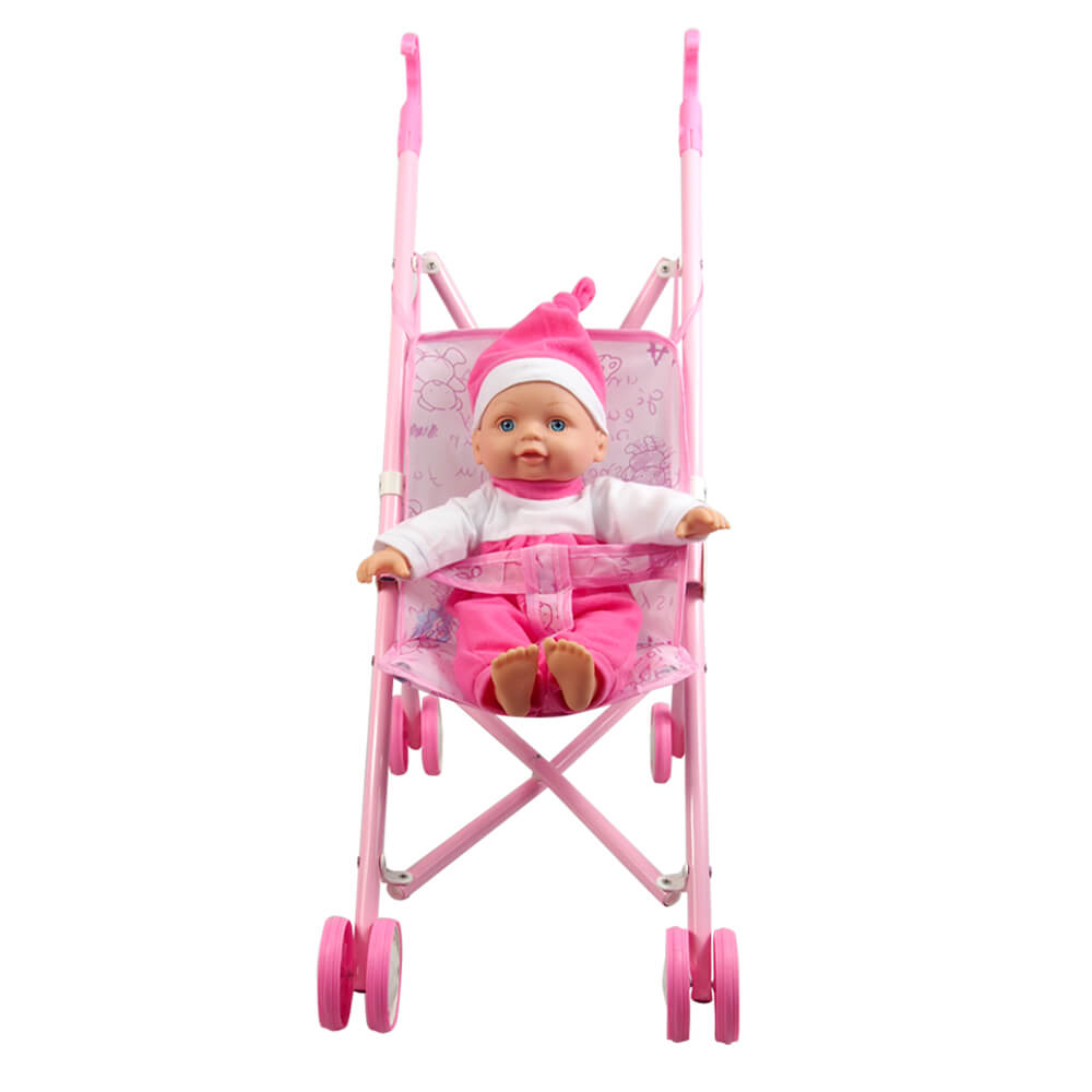 בובה רכה עם עגלת מתכת ורוד | Soft Baby With Metal Buggy Pink
