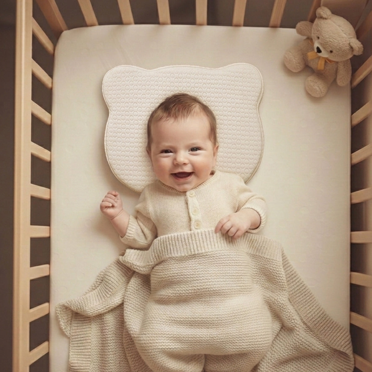 כרית דובי לתינוק אולימולי 26X23 ס"מ צבע לבן | Olimoli Baby Pillow Teddy Bear 26X23 cm White
