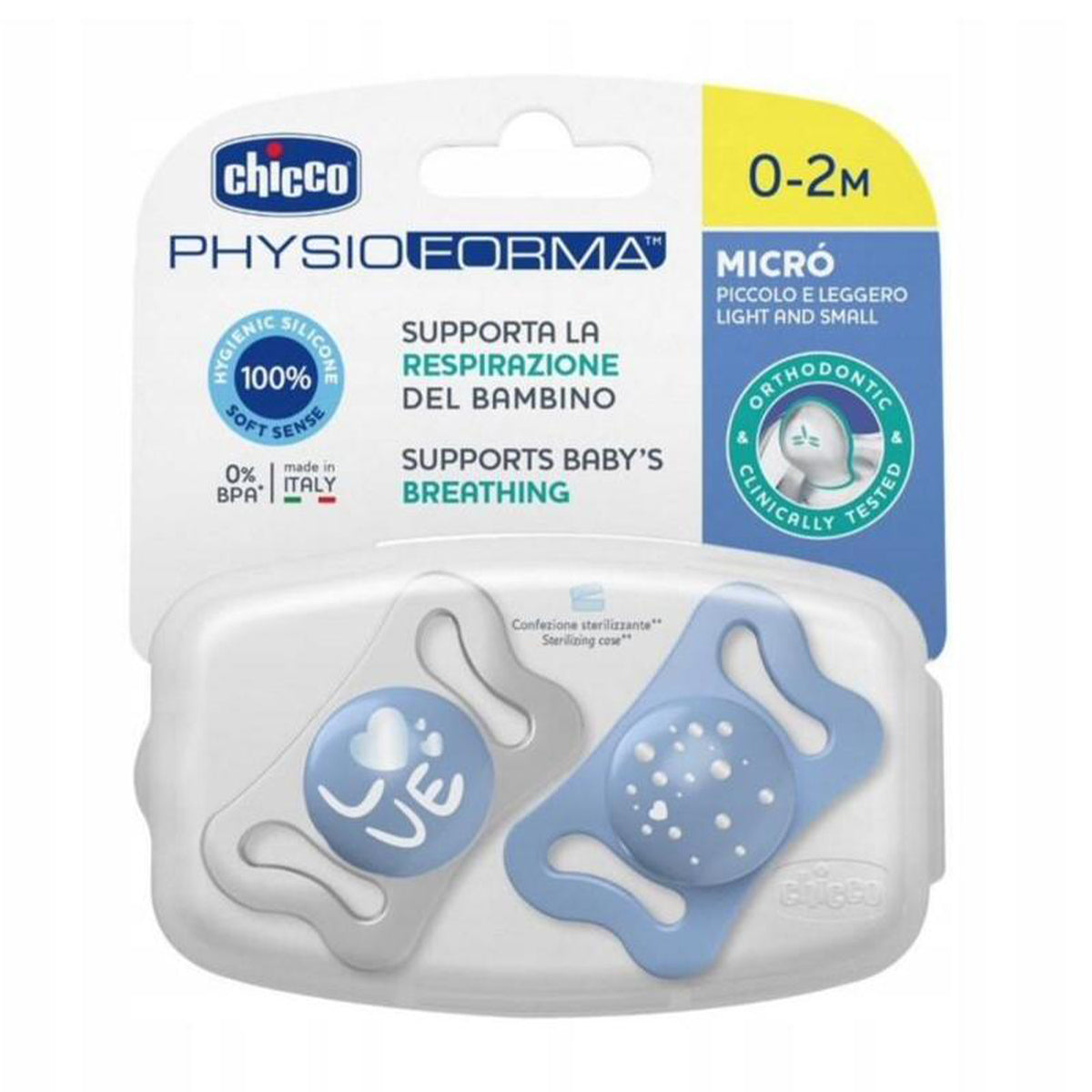 זוג מוצצי סיליקון צ'יקו 0-2 פיזיו מיקרו כחול | Chicco PhysioForma Micro Blue