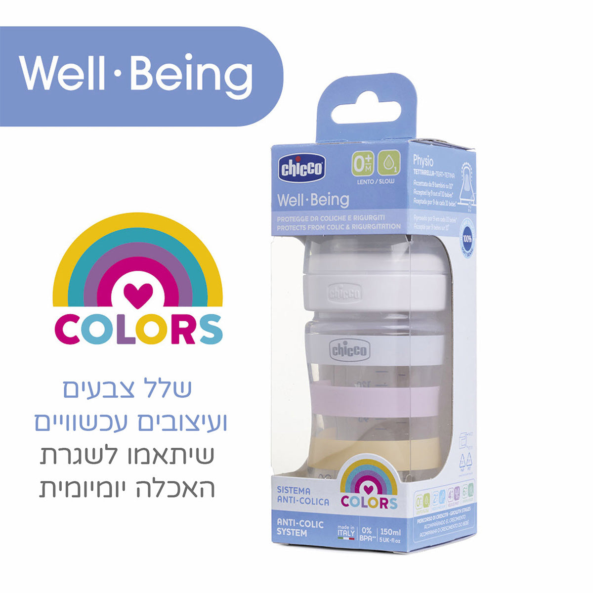 בקבוק וולביאינג צ'יקו לבן 250 מ"ל 2M+ | Chicco Well Being Feeding Bottle White