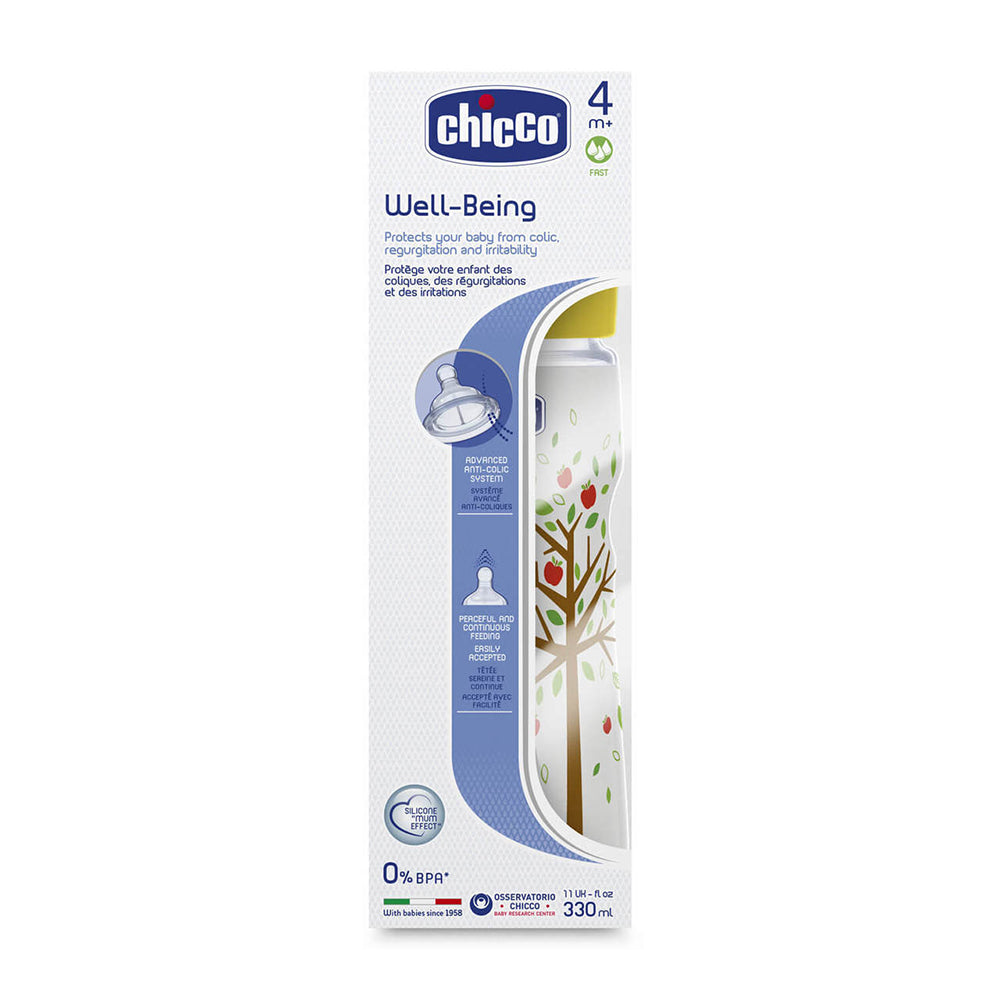 בקבוק צ'יקו וולביאינג אפור 330 מ"ל 4M+ | Chicco Well Being Feeding Bottle 330 ml