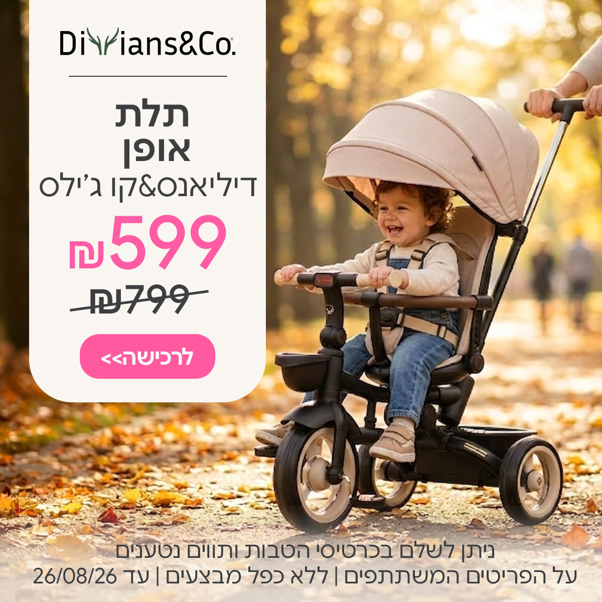 תלת אופן דיליאנס&קו ג'ילסב-599 ש"ח | ניתן לשלם בכרטיסי הטבות ותווים נטענים | על הפריטים המשתתפים במבצע | ללא כפל מבצעים | המבצע בתוקף עד 26/08/26