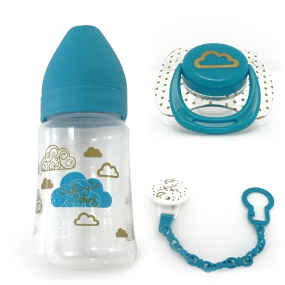 סט בקבוק + מוצץ + מחזיק מוצץ – Feeding Bottle + Soother + Soother Clip Set